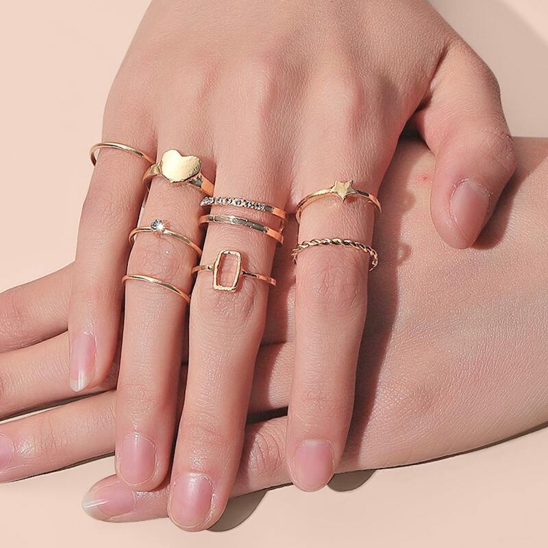 

8pcs Rhinestone & Heart Design Ring, Gold