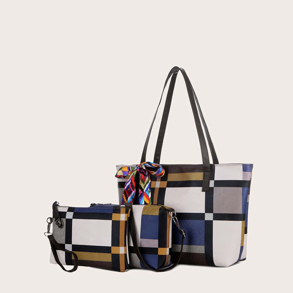 

3pcs Twilly Scarf Decor Color Block Tote Bag Set, Blue