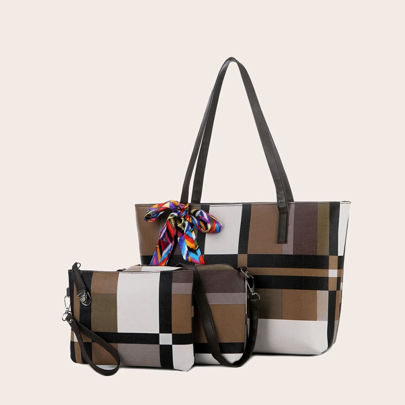 

3pcs Twilly Scarf Decor Color Block Tote Bag Set, Multicolor