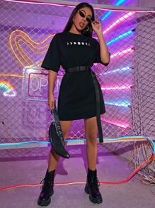 SHEIN Frenchy Moon Print Top With Buckle Belt - Black - View 3