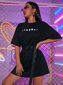 SHEIN Frenchy Moon Print Top With Buckle Belt - Black - View 4