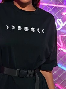 SHEIN Frenchy Moon Print Top With Buckle Belt - Black - View 5