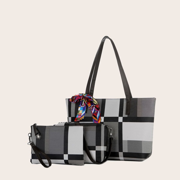 

3pcs Twilly Scarf Decor Color Block Tote Bag Set, Grey
