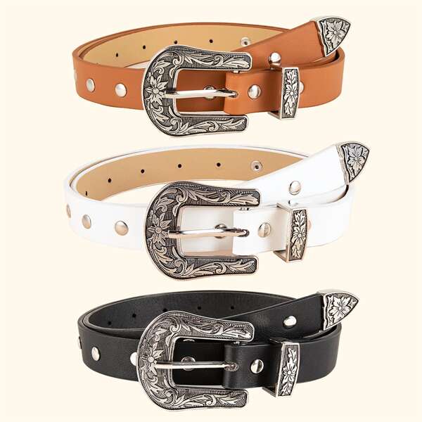 

3pcs Flower Carved Buckle Belt, Multicolor