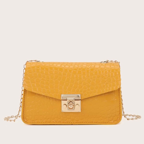 

Croc Embossed Turn-Lock Flap Chain Bag, Yellow