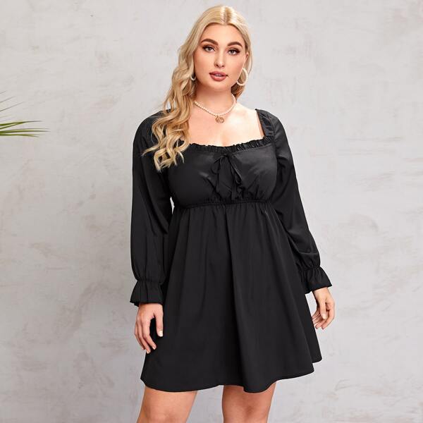 

Plus Sweetheart Neck Knot Front Flounce Sleeve Dress, Black