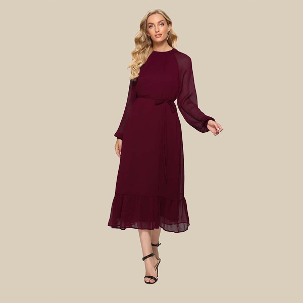 

Ruffle Hem Belted Dress, Maroon