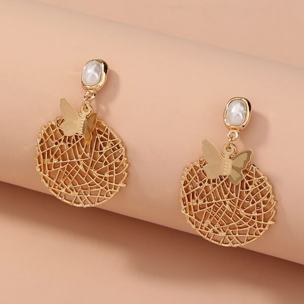 

Butterfly & Round Decor Drop Earrings, Gold