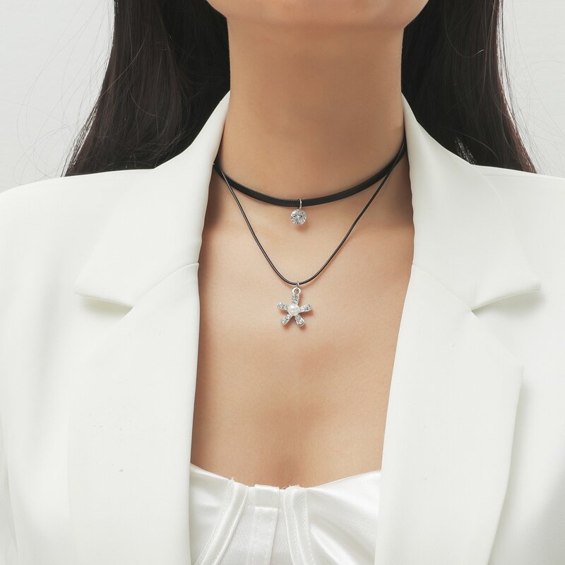 

Rhinestone Flower Charm Necklace, Black