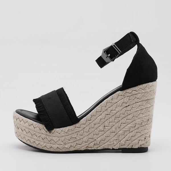 

Fringe Design Ankle Strap Wedge Sandals, Black