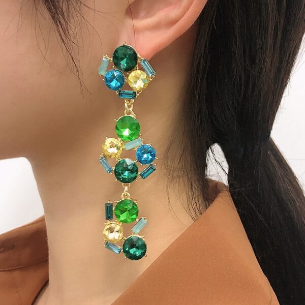 

Rhinestone Long Drop Earrings, Green