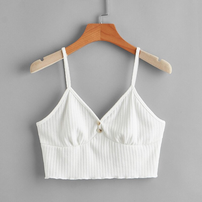 

Solid Ribbed Button Crop Cami, White