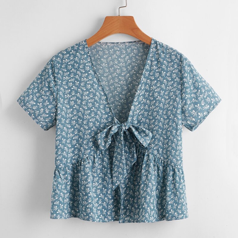 

Ditsy Flower Ruffle Hem Tie Front Top, Dusty blue