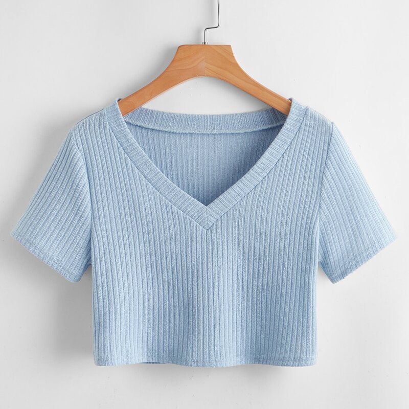 Solid Ribbed Crop Tee, Baby blue