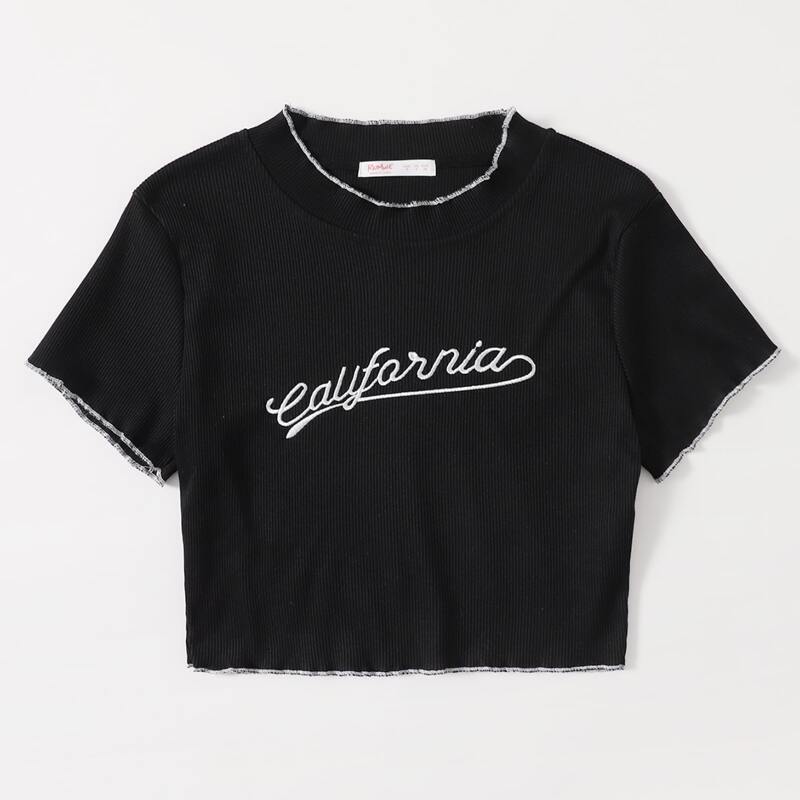 

Letter Embroidery Contrast Binding Crop Tee, Black