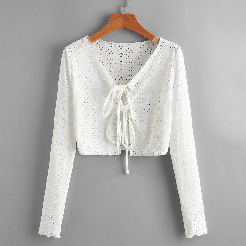 

Eyelet Embroidery Tie Front Crop Top, White