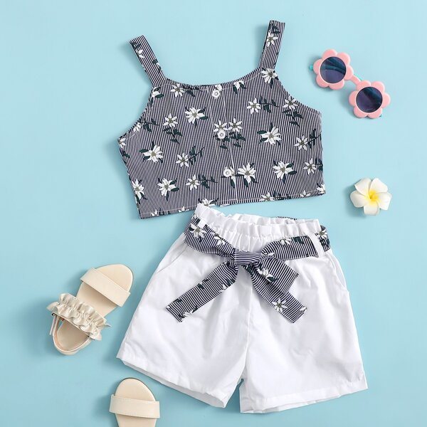 

Toddler Girls Floral & Striped Cami Top & Shorts Set, Blue and white