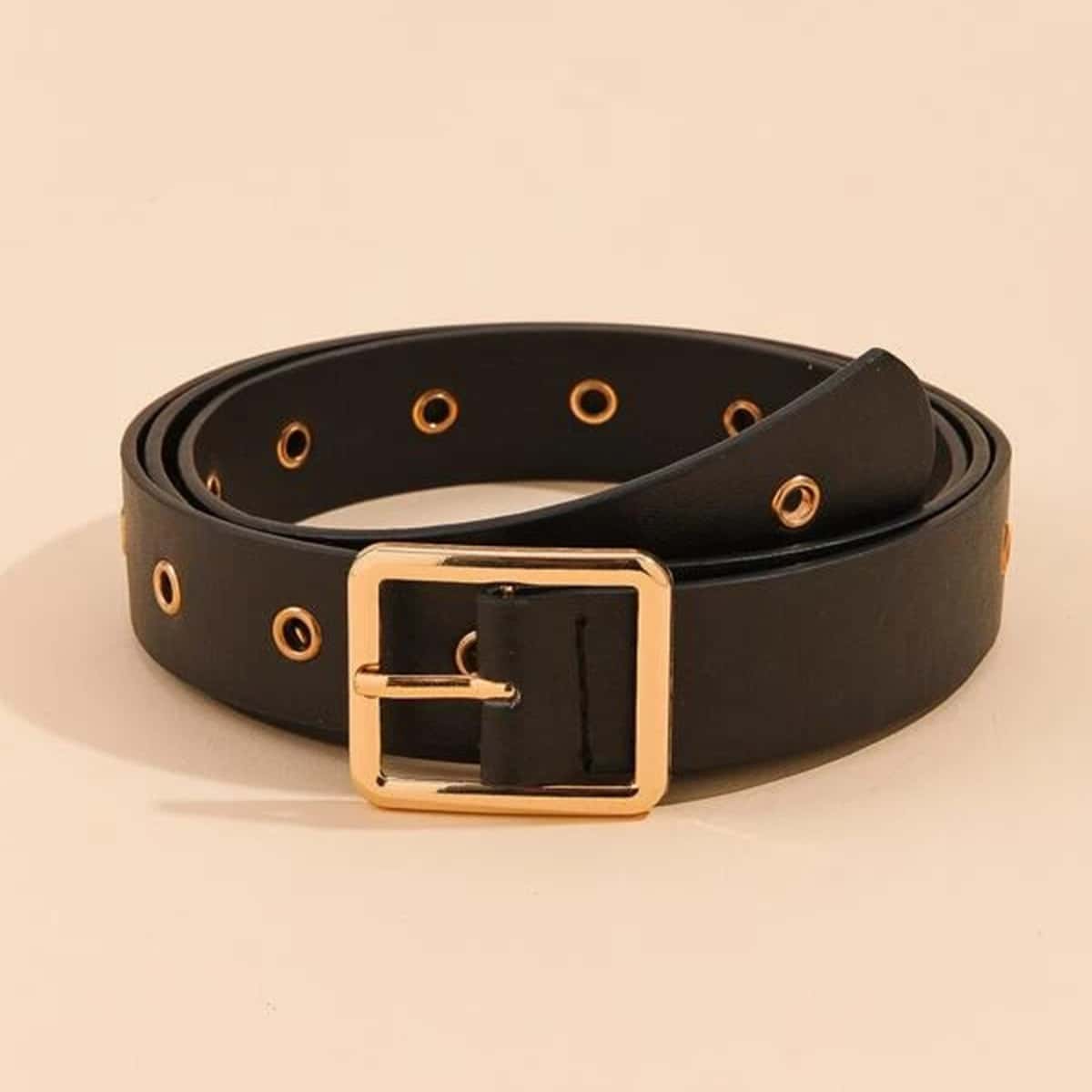

Eyelet Decor Square Buckle Belt, Black