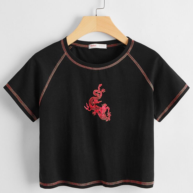 

Contrast Stitching Chinese Dragon Graphic Tee, Black