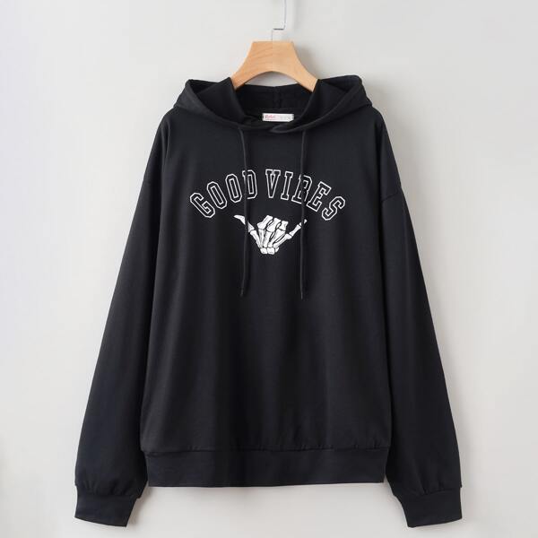 

Plus Skull & Slogan Graphic Drawstring Hoodie, Black