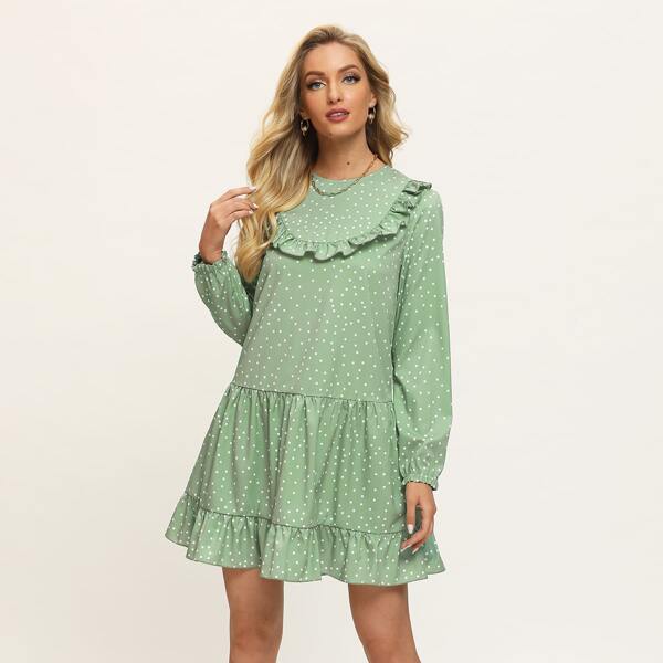 

Ruffle Trim Belted Polka-dot Print Dress, Mint green