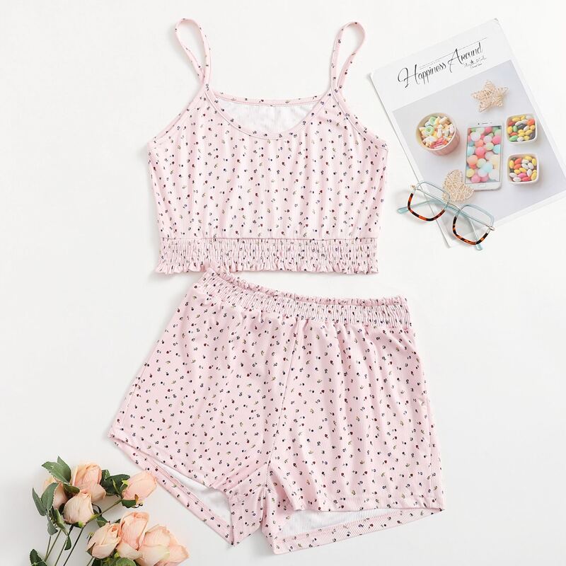 

Ditsy Floral Shirred Cami Pajama Set, Baby pink