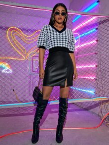 SHEIN BAE Zipper Back Split Hem PU Leather Skirt - Black - View 3