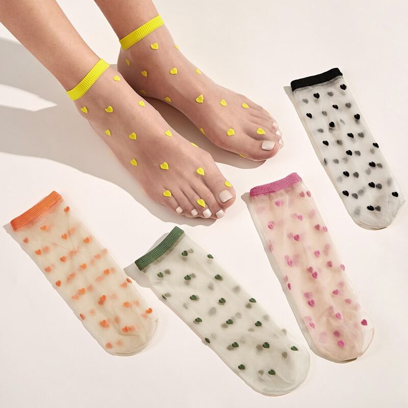 

5pairs Heart Print Mesh Socks, Multicolor