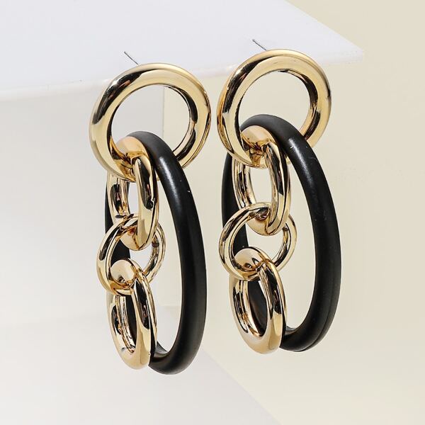 

Round Decor Chain Drop Earrings, Black