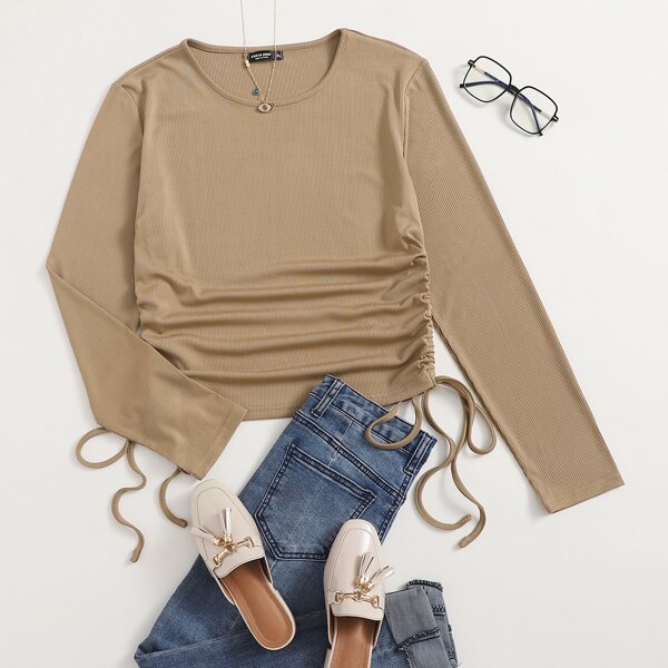

Plus Drawstring Ruched Side Tee, Khaki