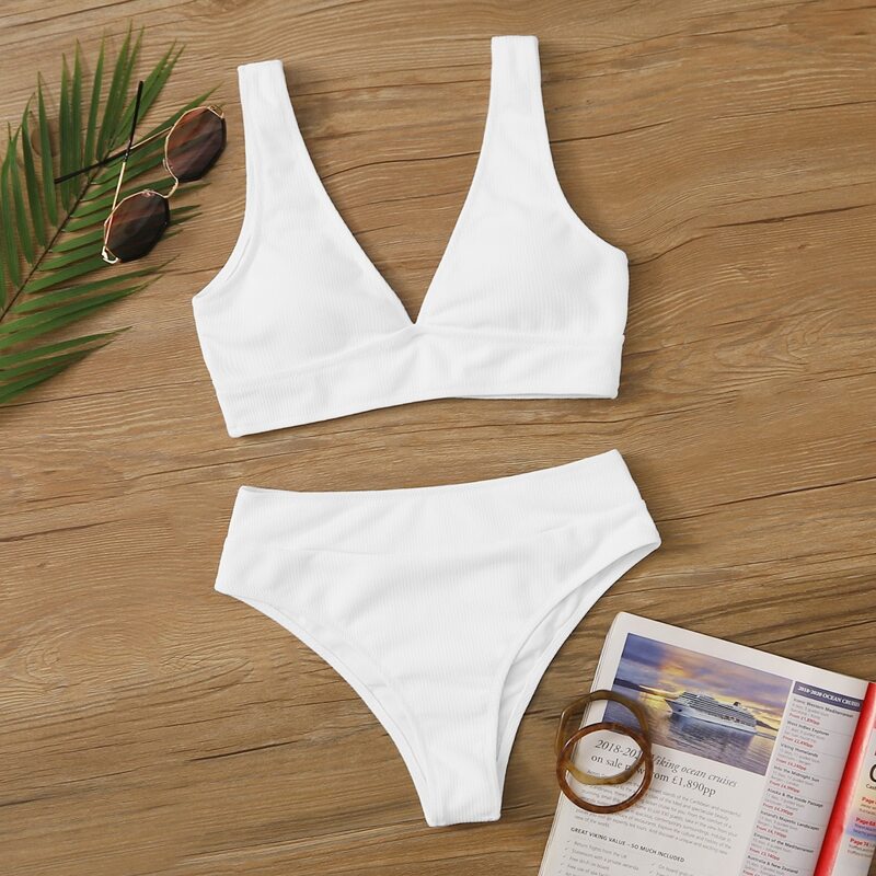 

Rib-knit High Waist Bikini Swimsuit, White