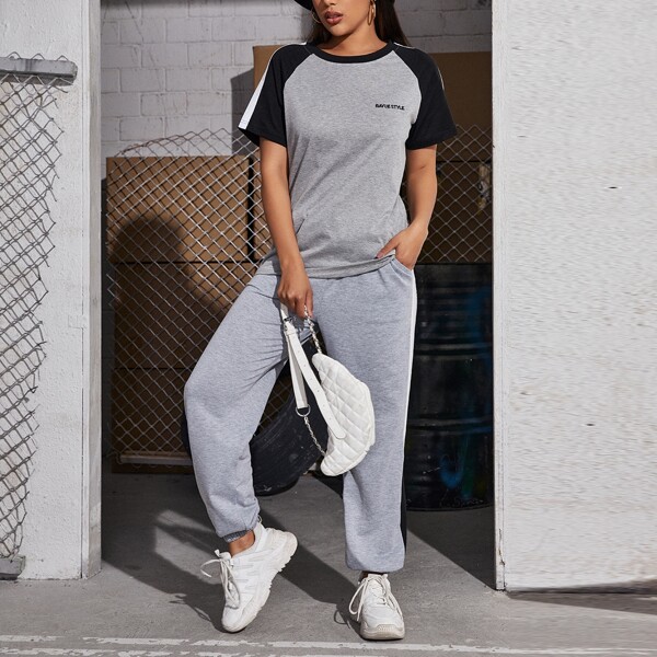 

Letter Embroidery Raglan Sleeve Tee, Grey