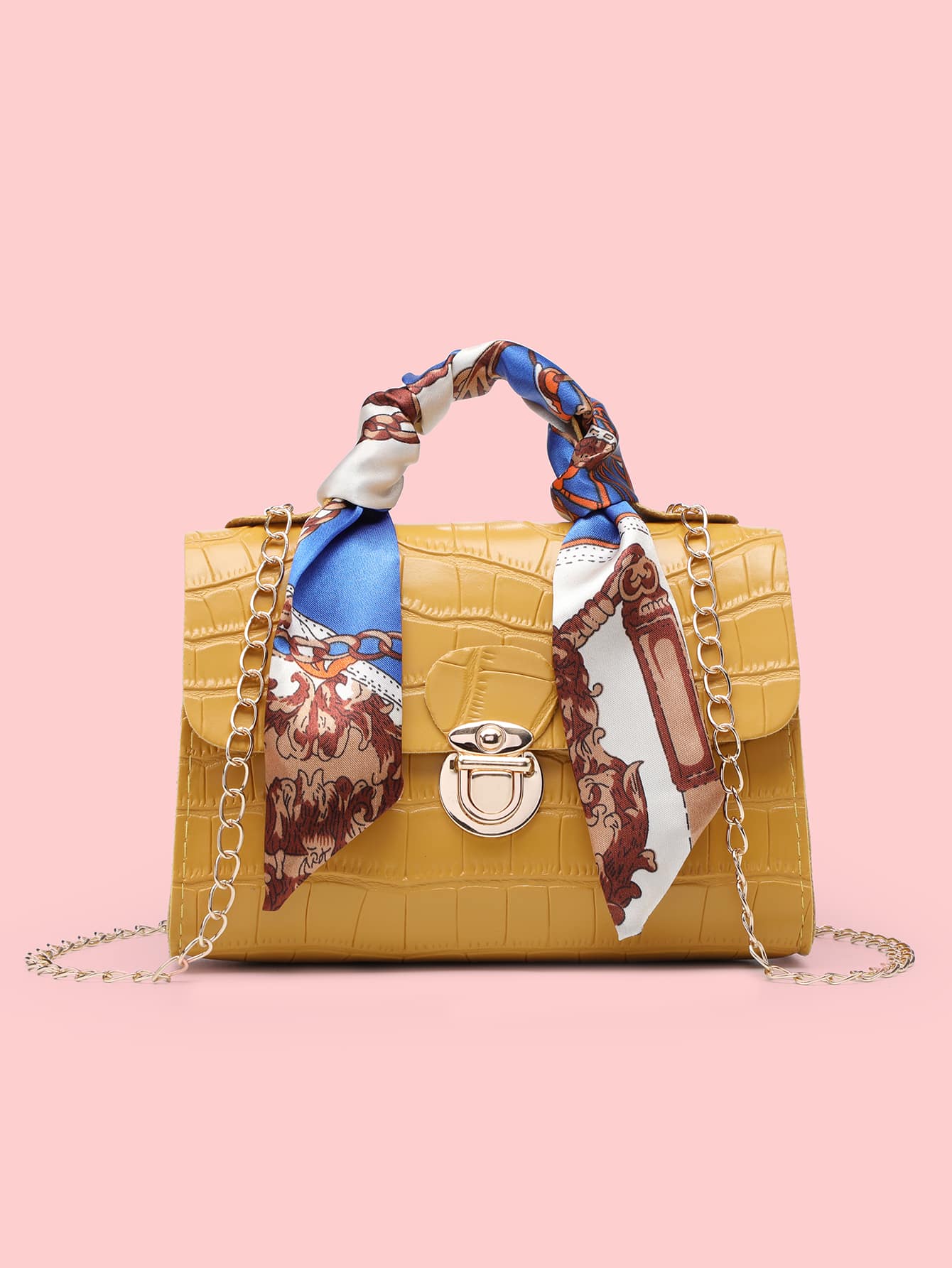 Twilly Scarf Decor Croc Embossed Chain Satchel Bag thumbnail