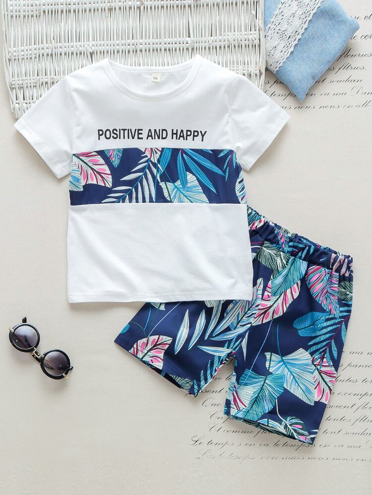 Young Boy Letter & Tropical Print Tee & Shorts Set
