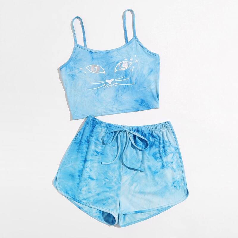 

Cat Graphic Tie Dye Crop Cami & Tie Front Dolphin Shorts, Multicolor