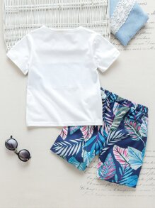 SHEIN Young Boy Letter & Tropical Print Tee & Shorts Set - Multicolor - View 2