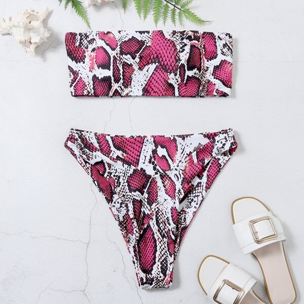 

Snakeskin Bandeau Bikini Swimsuit, Multicolor