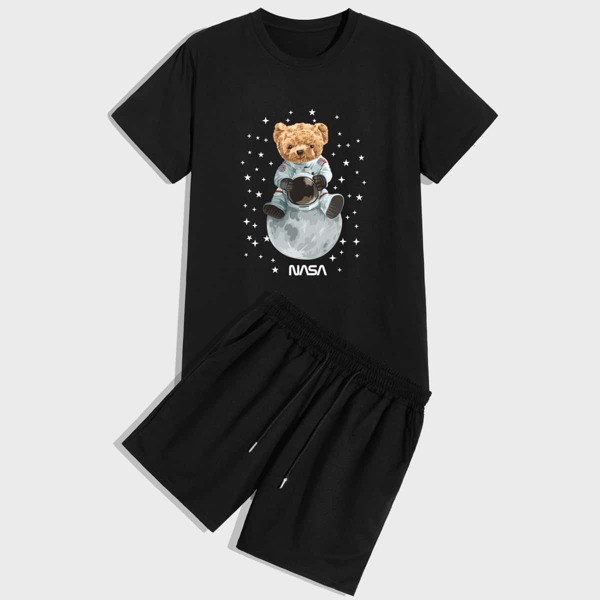 

Men Letter And Cartoon Graphic Tee With Drawstring Waist Shorts, Black