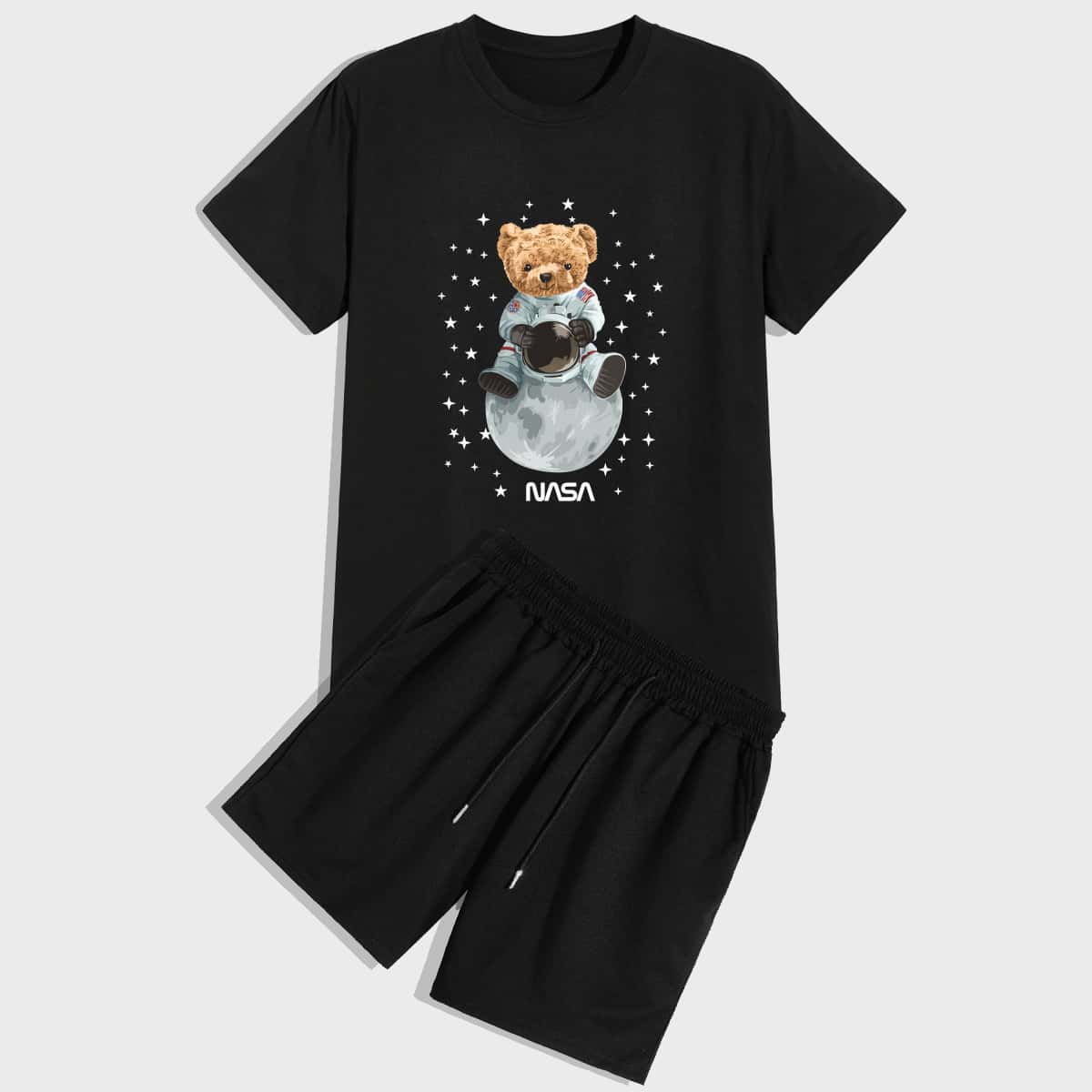 

Guys Letter And Cartoon Graphic Tee With Drawstring Waist Shorts, Black