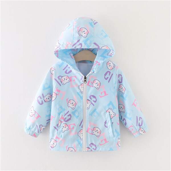 

Toddler Girls Letter & Cartoon Graphic Hooded Jacket, Baby blue