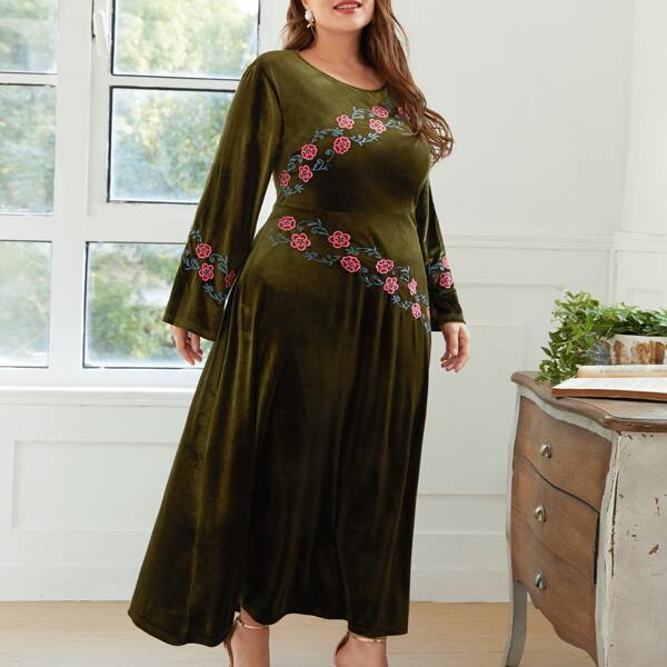 

Plus Floral Embroidered Velvet Dress, Army green