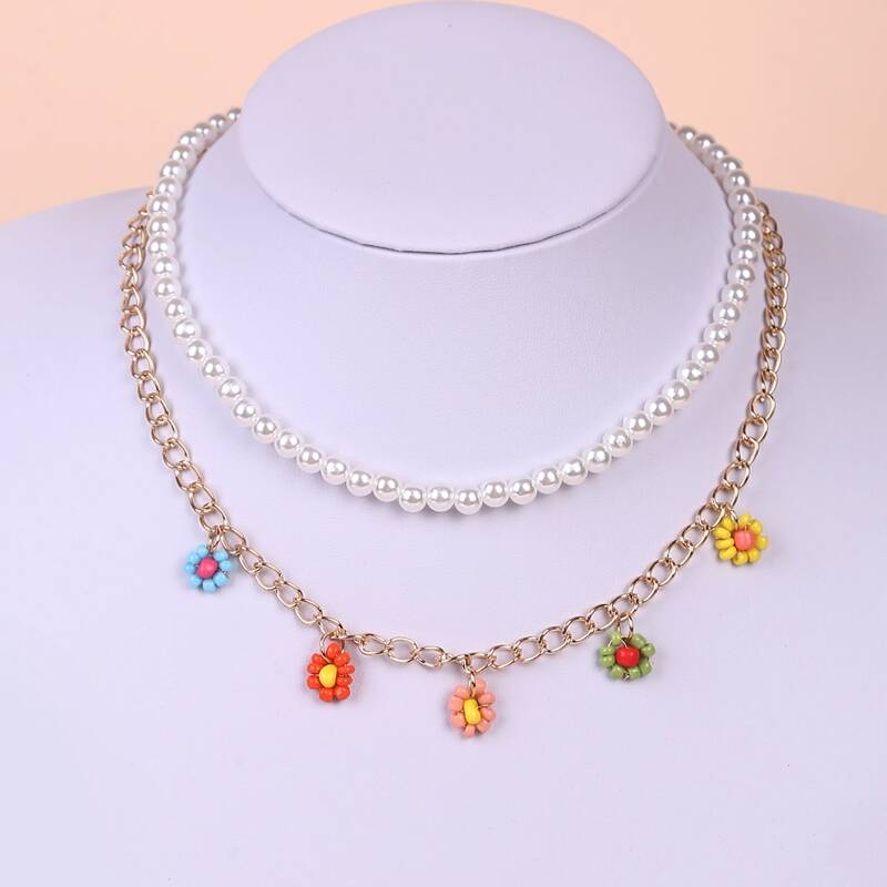 

2pcs Flower Charm Layered Necklace, Multicolor