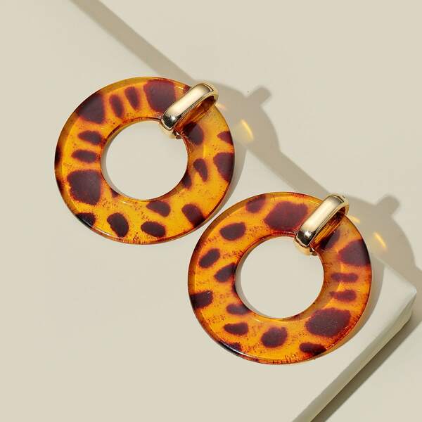 

Leopard Pattern Round Design Stud Earrings, Coffee brown