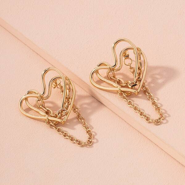 

Chain Detail Heart Design Earrings, Gold