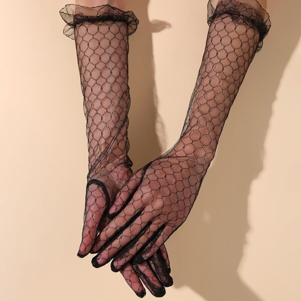 

Lace Mesh Long Gloves, Black
