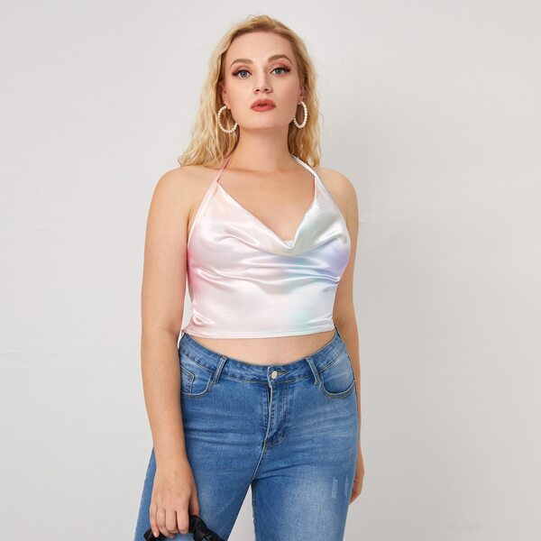 

Plus Knot Back Cowl Neck Tie Dye Satin Halter Top, Multicolor