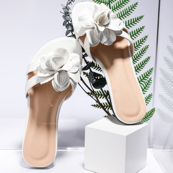 

Flower Decor Slide Sandals, White
