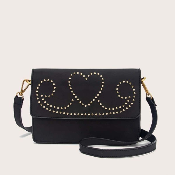 

Studded Decor Heart Pattern Flap Crossbody Bag, Black