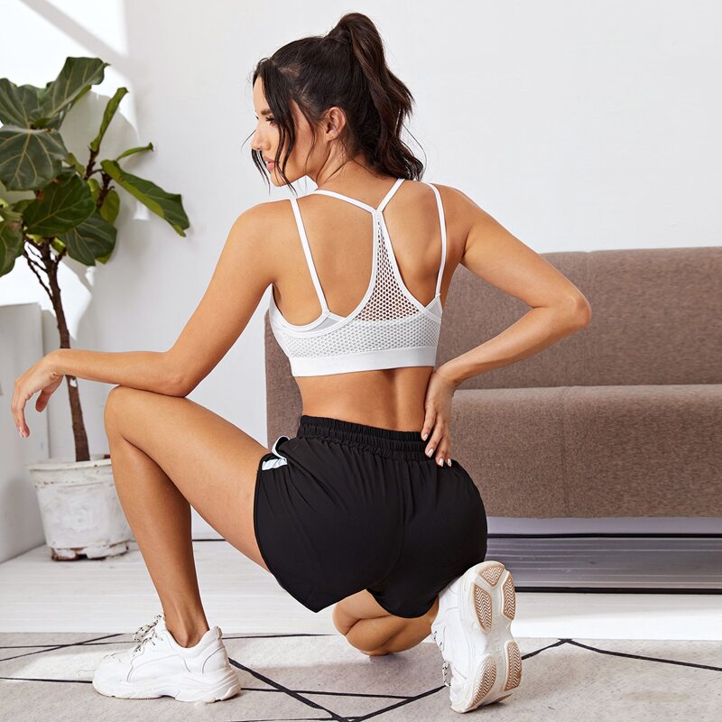 Contrast Fishnet Light Support Sports Bra, White