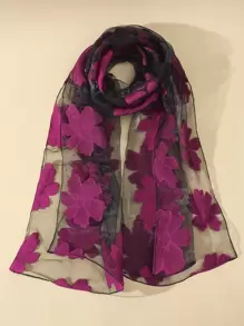 1pc Ladies' Multicolor Thin Chiffon Scarf With Floral Print, Suitable For All Seasons - Hot Pink - View 1